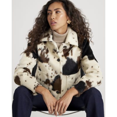 Cream Faux Fur Cow Print Jacket