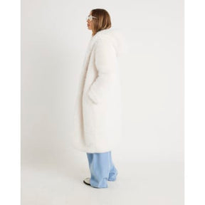 Cream Faux Fur Hooded Long Sleeve Coat
