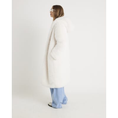 Cream Faux Fur Hooded Long Sleeve Coat