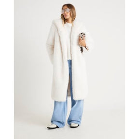 Cream Faux Fur Hooded Long Sleeve Coat