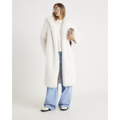 Cream Faux Fur Hooded Long Sleeve Coat
