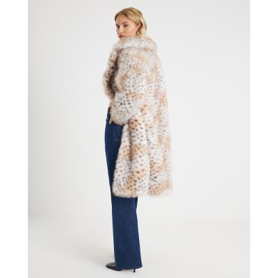 Cream Faux Fur Leopard Print Longline Coat