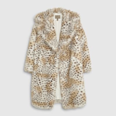 Cream Faux Fur Leopard Print Longline Coat