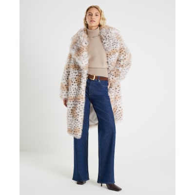 Cream Faux Fur Leopard Print Longline Coat
