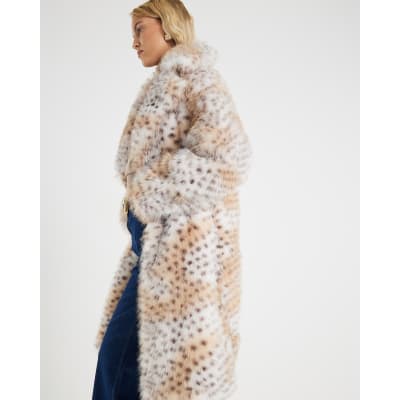 Cream Faux Fur Leopard Print Longline Coat