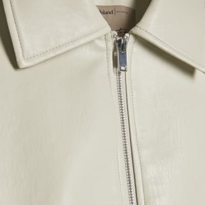 Cream Faux Leather Bubble Hem Bomber Jacket
