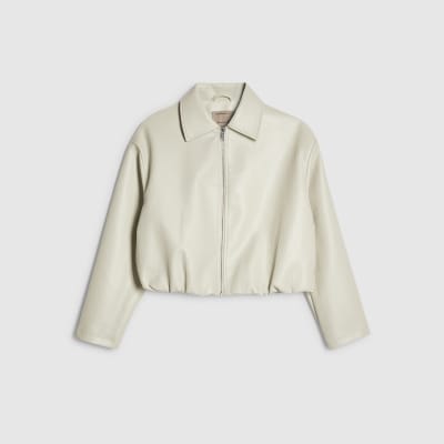 Cream Faux Leather Bubble Hem Bomber Jacket