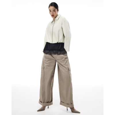 Cream Faux Leather Bubble Hem Bomber Jacket