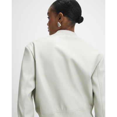 Cream Faux Leather Cropped Bomber Jacket