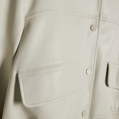 Cream Faux Leather Cropped Bomber Jacket