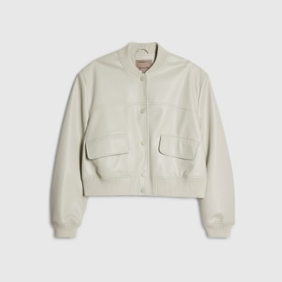 Cream Faux Leather Cropped Bomber Jacket