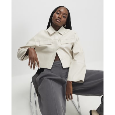 Cream Faux Leather Cropped Overshirt