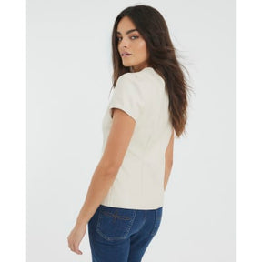 Cream Faux Leather Short Sleeve Button Up Top