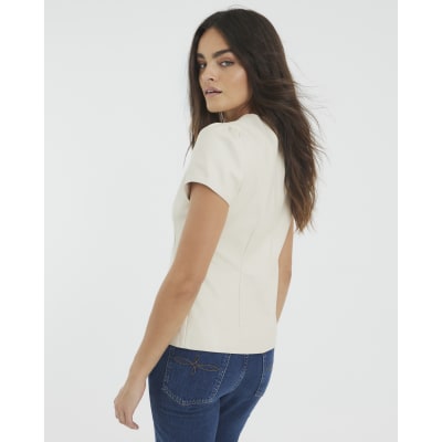 Cream Faux Leather Short Sleeve Button Up Top