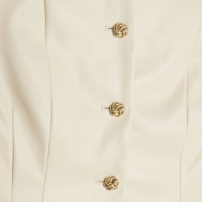 Cream Faux Leather Short Sleeve Button Up Top