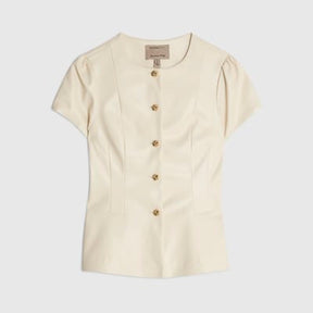 Cream Faux Leather Short Sleeve Button Up Top
