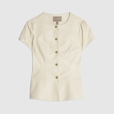 Cream Faux Leather Short Sleeve Button Up Top