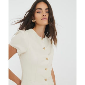 Cream Faux Leather Short Sleeve Button Up Top