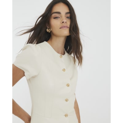 Cream Faux Leather Short Sleeve Button Up Top