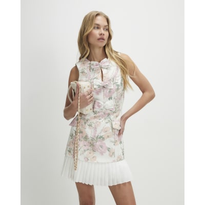 Cream Floral Bow Front Boucle Dress