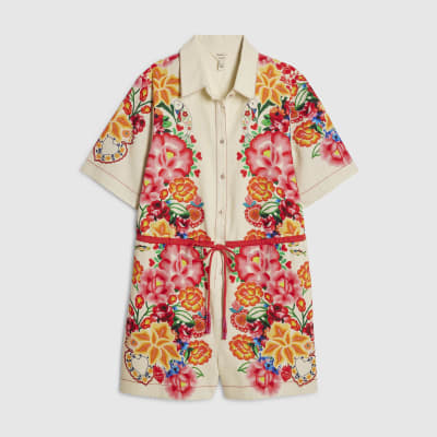 Cream Floral Collared Playsuit