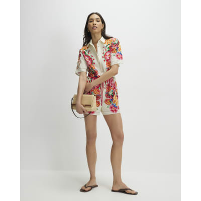 Cream Floral Collared Playsuit
