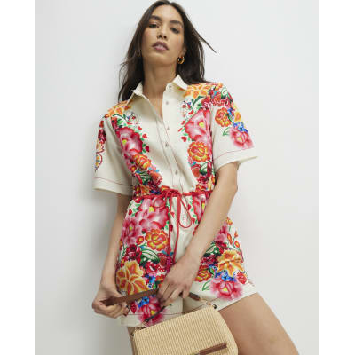 Cream Floral Collared Playsuit
