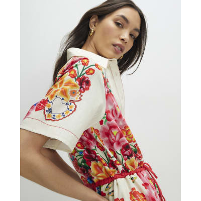 Cream Floral Collared Playsuit