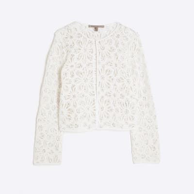 Cream Floral Crochet Embellished Cardigan