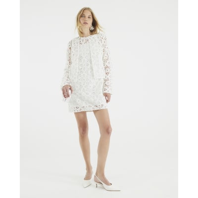Cream Floral Crochet Embellished Mini Dress