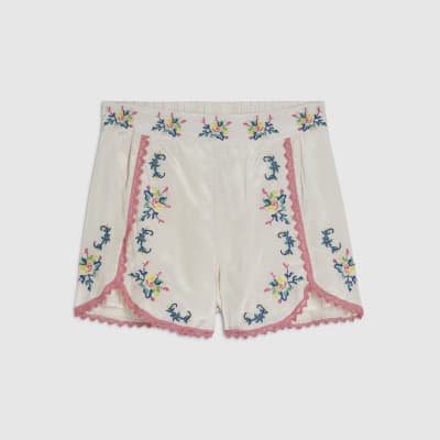 Cream Floral Embroidered Shorts