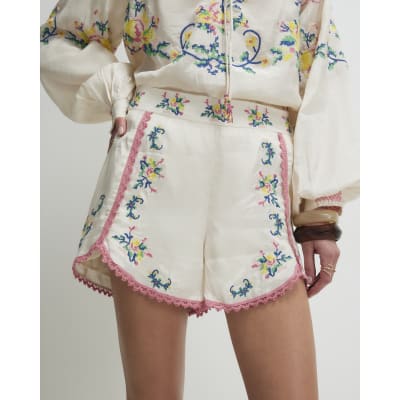 Cream Floral Embroidered Shorts