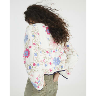 Cream Floral Embroidered Tie Front Jacket