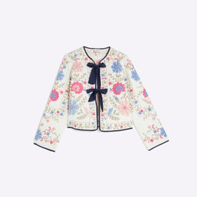 Cream Floral Embroidered Tie Front Jacket