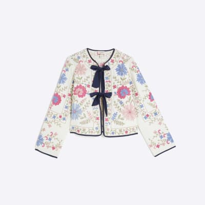 Cream Floral Embroidered Tie Front Jacket