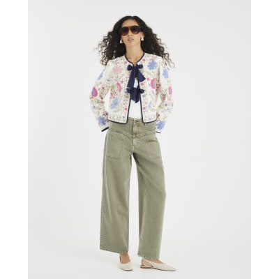 Cream Floral Embroidered Tie Front Jacket