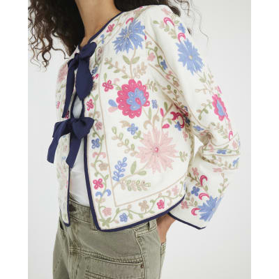Cream Floral Embroidered Tie Front Jacket