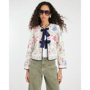 Cream Floral Embroidered Tie Front Jacket