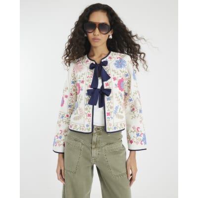 Cream Floral Embroidered Tie Front Jacket