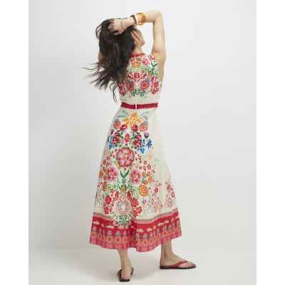 Cream Floral Print Cut Out Maxi Dress
