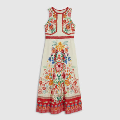 Cream Floral Print Cut Out Maxi Dress
