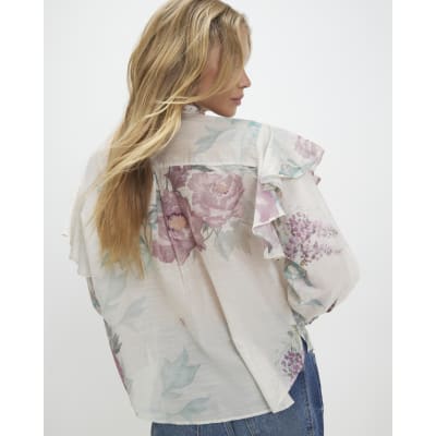 Cream Floral Pussybow Blouse