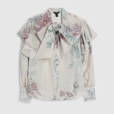 Cream Floral Pussybow Blouse