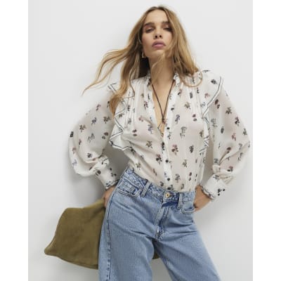 Cream Floral Ruffle Detail Blouse