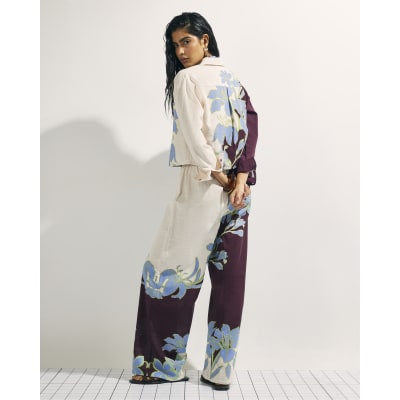 Cream Floral Wide Leg Beach Trousers