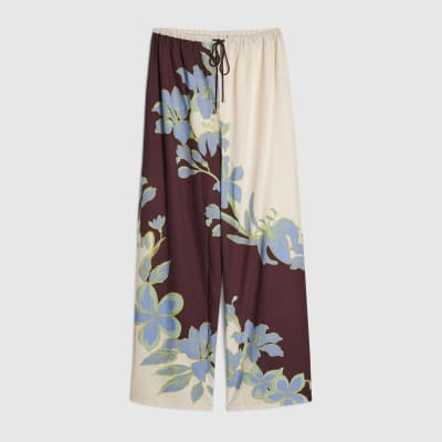 Cream Floral Wide Leg Beach Trousers