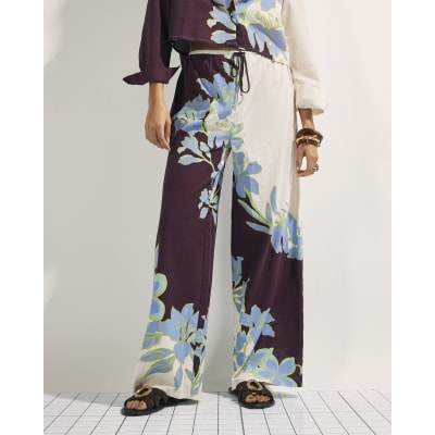 Cream Floral Wide Leg Beach Trousers