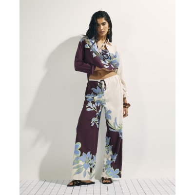 Cream Floral Wide Leg Beach Trousers