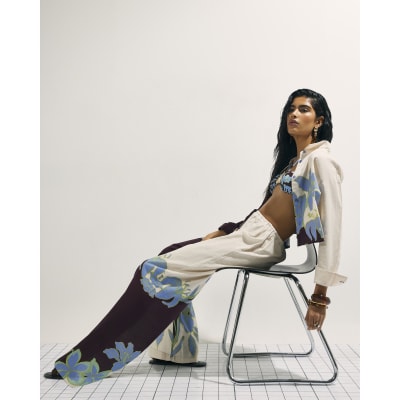Cream Floral Wide Leg Beach Trousers