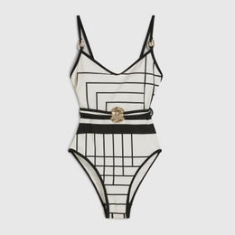 Cream Geometric Stripe Swimsuit